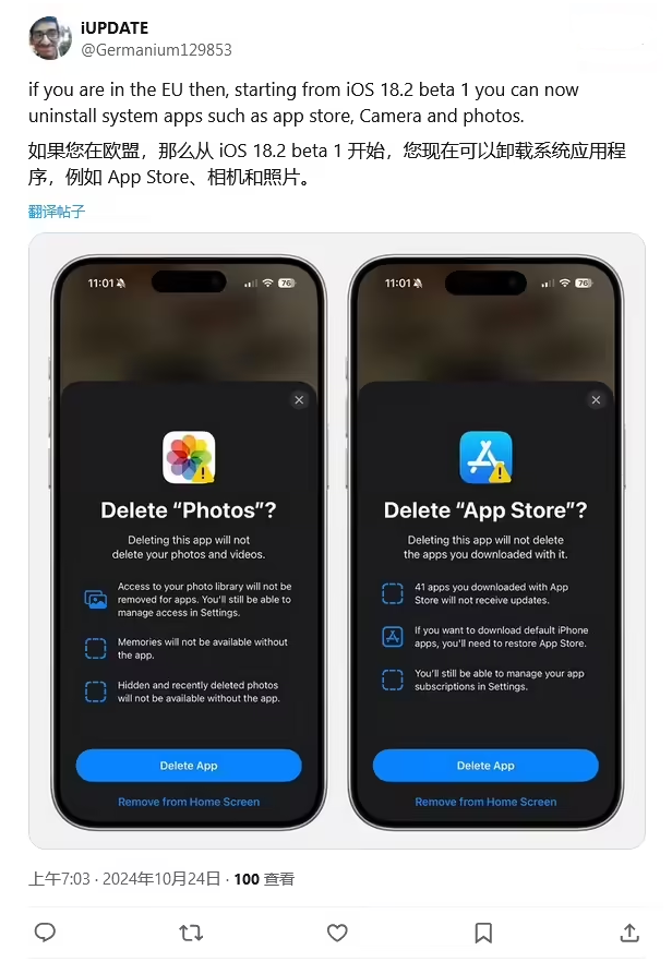 虎门镇苹果手机维修分享iOS 18.2 支持删除 App Store 应用商店 